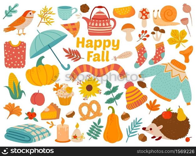 Autumn set. Cartoon yellow plants, food and forest animals, harvest festival and thanksgiving day attributes for card, poster vector set as warm clothing, mushrooms and leaves. Happy fall. Autumn set. Cartoon yellow plants, food and forest animals, harvest festival and thanksgiving day attributes for card, poster vector set