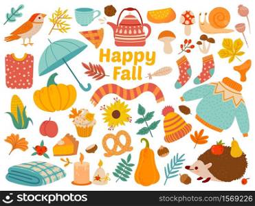 Autumn set. Cartoon yellow plants, food and forest animals, harvest festival and thanksgiving day attributes for card, poster vector set as warm clothing, mushrooms and leaves. Happy fall. Autumn set. Cartoon yellow plants, food and forest animals, harvest festival and thanksgiving day attributes for card, poster vector set