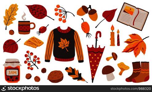 Autumn set. Cozy hand drawn decorative elements for poster greeting cards and invitations with knitting sweater tea candles book and jam. Vector set bright cozy seasons objects like nuts berries. Autumn set. Cozy hand drawn decorative elements for poster greeting cards and invitations with tea sweater candles and jam. Vector set