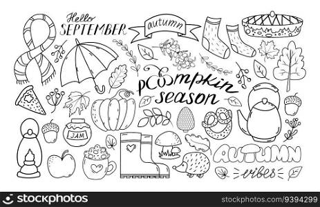 Autumn set, hand drawn elements doodle style - calligraphy, fall leaves, umbrella, pumpkin. Use for web, card, poster, cover, tag invitation sticker kit Vector illustration. Autumn set, hand drawn elements doodle style - calligraphy, fall leaves, umbrella, pumpkin.
