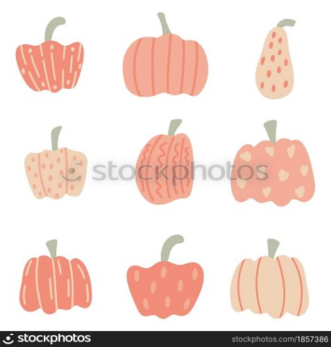 Autumn set of pumpkin hand drawing. Striped and speckled vegetables, various options. Fall traditional vegetable for Thanksgiving and Halloween, vector illustration.. Autumn set of pumpkin hand drawing.