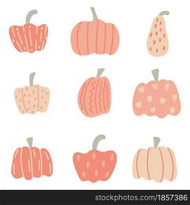 Autumn set of pumpkin hand drawing. Striped and speckled vegetables, various options. Fall traditional vegetable for Thanksgiving and Halloween, vector illustration.. Autumn set of pumpkin hand drawing.