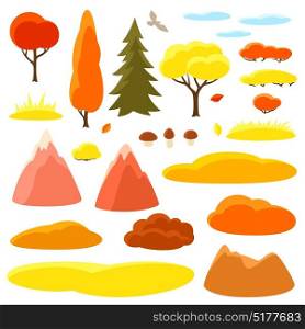 Autumn set of trees, mountains and hills. Seasonal collection. Autumn set of trees, mountains and hills. Seasonal collection.