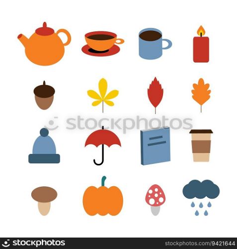 Autumn set, vector. Leaves and a pumpkin, mushrooms and an acorn, a teapot and mugs, a cup of coffee, a candle and a book, a hat, an umbrella and a cloud with rain.
