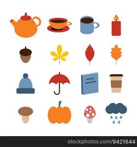 Autumn set, vector. Leaves and a pumpkin, mushrooms and an acorn, a teapot and mugs, a cup of coffee, a candle and a book, a hat, an umbrella and a cloud with rain.