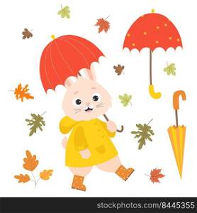 Autumn set with cute rabbit in raincoat and rubber boots under an umbrella and falling autumn leaves. Vector illustration. Isolated elements. Autumn character bunny for cards, design, decor and print