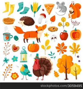 Autumn set. Yellow and orange falling leaves, forest animals, pumpkins, apples and turkey, harvest festival and thanksgiving day festive attributes for card, posters flat vector cartoon isolated set. Autumn set. Yellow falling leaves, forest animals, pumpkins and turkey, harvest festival and thanksgiving day festive attributes for card, posters flat vector cartoon isolated set