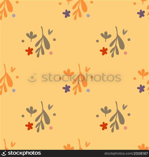 Autumn small flowers and leaf seamless pattern. Vintage background. Doodle print. Floral endless ornament. Botanical backdrop. Design for fabric , textile print, surface, wrapping, cover. Autumn small flowers and leaf seamless pattern. Vintage background.