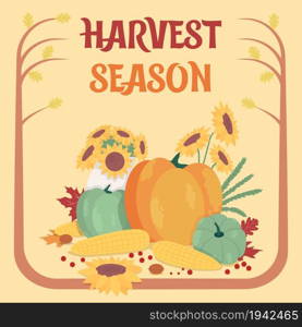 Autumn social media post mockup. Harvest season phrase. Web banner design template. Seasonal vegetables booster, content layout with inscription. Poster, print ads and flat illustration. Autumn social media post mockup