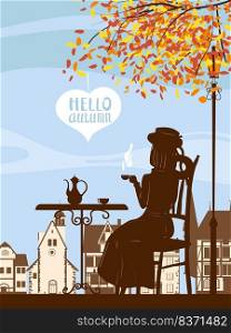 Autumn street cafe, girl on the chair, outdoor, park, fall mood. Cup, chair, table, kettle retro style banner vector illustration. Autumn street cafe, girl on the chair, fall mood. Cup, chair, table, kettle retro style banner vector illustration