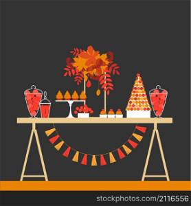 Autumn sweet table. Wedding candy buffet. Birthday dessert bar. Vector illustration.. Wedding dessert bar with cake. Vector illustration.