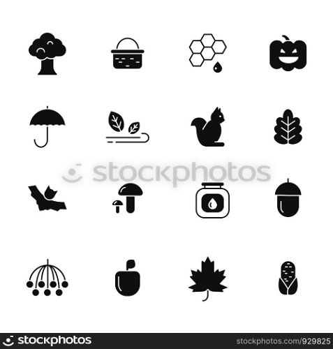 Autumn symbols. Vector monochrome icons set of autumn. illustration of plant and basket, rowan and tree. Autumn symbols. Vector monochrome icons set of autumn
