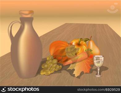 autumn table with fruits, wine ans glass
