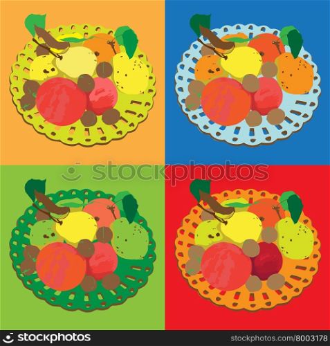 Autumn tile composition series, four different colored hand drawn illustrations of the same plate with fruits