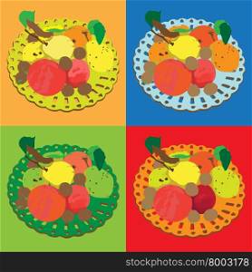 Autumn tile composition series, four different colored hand drawn illustrations of the same plate with fruits