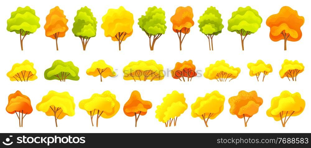 Autumn tree collection, different sizes and forms trees with green, orange, yellow leaves, autumn tree symbols, natural concept, landscape interface, forest or wood, organic plant in flat style, environment. Autumn tree collection, different sizes and forms trees with green, orange, yellow leaves, autumn tree symbols