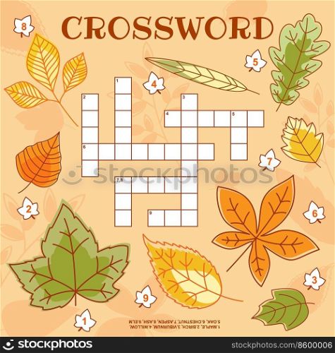 Autumn tree leaves crossword grid worksheet, find a word quiz game. Vector search puzzle for children leisure with cartoon maple, chestnut, birch, viburnum, oak, aspen, elm, ash and willow fallen leaf. Autumn tree leaves crossword grid worksheet page