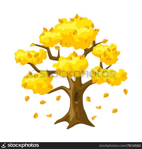Autumn tree with falling yellow leaves. Seasonal nature illustration.. Autumn tree with falling yellow leaves. Seasonal illustration.