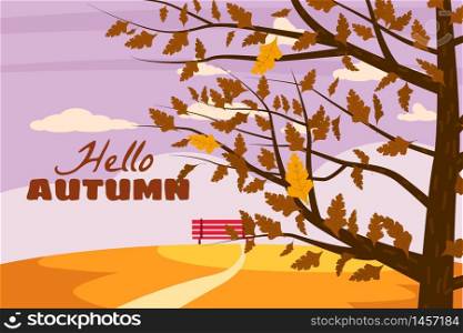 Autumn tree yellow red orange color of leaves forest autumn. Hello Autumn landscape tree yellow red orange color of leaves forest autumn bench panorama horizon romantic mood. Illustration vector isolated banner poster postcard trend flat cartoon style