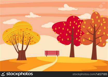 Autumn trees yellow red orange color of leaves forest autumn. Autumn trees yellow red orange color of leaves forest autumn bench panorama horizon romantic mood. Illustration vector isolated banner poster postcard trend flat cartoon style