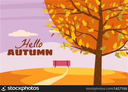Autumn trees yellow red orange color of leaves forest autumn. Hello Autumn landscape trees yellow red orange color of leaves forest autumn bench panorama horizon romantic mood. Illustration vector isolated banner poster postcard trend flat cartoon style