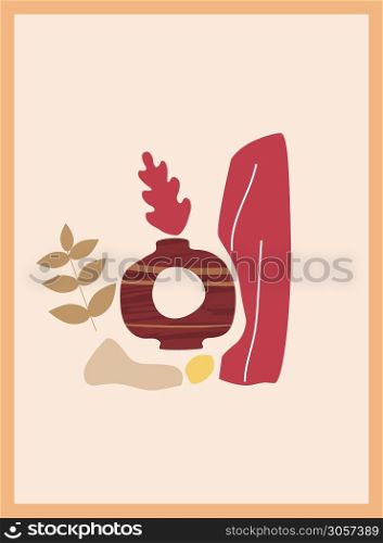 Autumn trendy card collage. Minimal shapes vase colour pastel flora. Autumn trendy card collage. Minimal shapes vase colour pastel flora. Template fall poster, banner vector illustration isolated