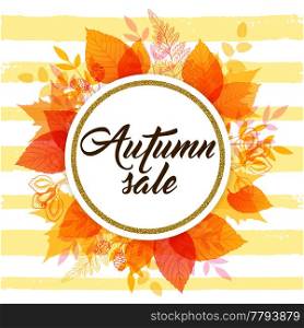Autumn vector background with orange falling leaves. Abstract round golden banner for seasonal fall sale.