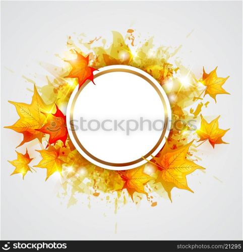 Autumn vector background with yellow maple leaves and round label