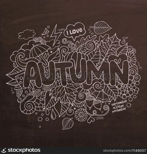 Autumn Vector hand lettering and doodles elements chalkboard background. Autumn hand lettering and doodles elements chalkboard