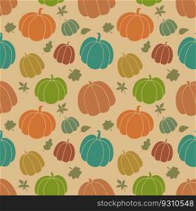 Autumn vector pattern. Seamless harvest background with colorful silhouettes of pumpkins and fall leaves. Hand drawn Thanksgiving and autumn season symbols.. Autumn vector pattern. Seamless harvest background with colorful silhouettes of pumpkins and fall leaves. Hand drawn Thanksgiving and autumn season symbols