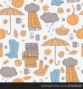Autumn vector pattern with umbrella, rubber boots and leaves.. Autumn vector pattern with umbrella