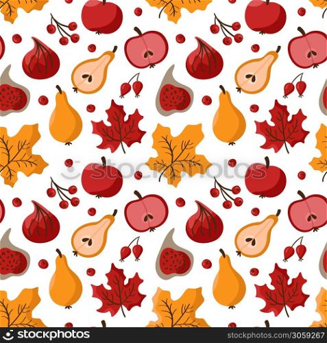 Autumn Vector seamless pattern of fruits apple and pear, berries, figs and maple leaves. Abstract background with fruits. Healthy food texture illustration for children textile, wallpaper.. Autumn vector seamless pattern of fruits apple and pear, berries, figs and maple leaves. Abstract background with fruits. Healthy food texture illustration for children textile, wallpaper