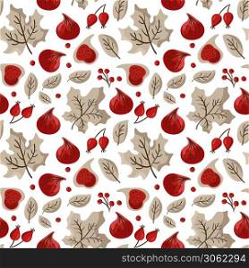 Autumn vector seamless pattern of fruits figs, berries, and maple leaves. Abstract background Thanksgiving Day, texture illustration for children textile, wallpaper.. Autumn vector seamless pattern of fruits figs, berries, and maple leaves. Abstract background Thanksgiving Day, texture illustration for children textile, wallpaper