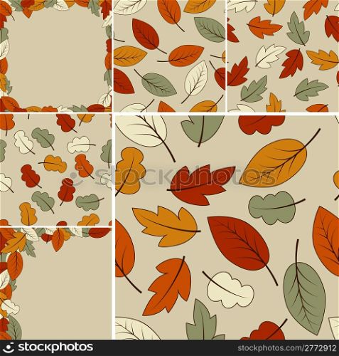 autumn vector set: 2 frames and 4 seamless patterns with autumn leaves. fully editable file with clipping masks, you will find patterns in swatch menu