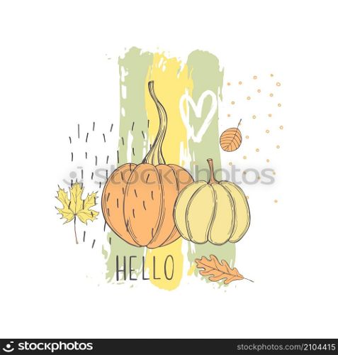 Autumn vector sketch illustration with hand drawn leaves and pumpkins. . Hand-drawn autumn leaves and pumpkins. Vector illustration.