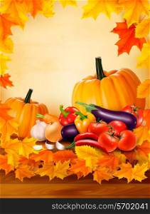 Autumn vegetable on wooden background with leaves. Autumn background. Vector.