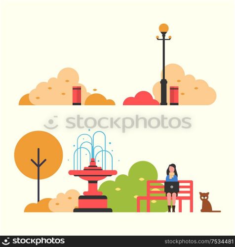 Autumn view of park with big fountain and red bench, lantern and urns, woman with laptop near sitting cat, green and brown brushes and trees vector. Autumn View of Park with Fountain and Lantern Vector