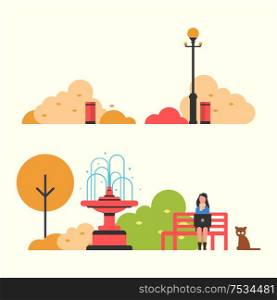 Autumn view of park with big fountain and red bench, lantern and urns, woman with laptop near sitting cat, green and brown brushes and trees vector. Autumn View of Park with Fountain and Lantern Vector