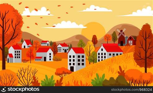 Autumn village landscape. Countryside autumnal gardens, yellow trees and sunny day. Farm agriculture autumn fall season nature vector background illustration. Autumn village landscape. Countryside autumnal gardens, yellow trees and sunny day vector background illustration
