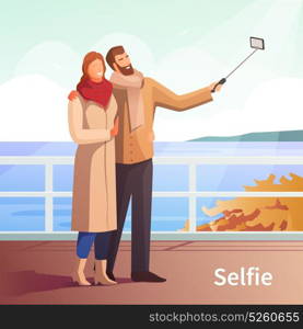 Autumn Walk Selfie Background. Dating selfie photo modern people lifestyle composition with lovers couple going for a walk near river vector illustration