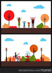 Autumn walking in park. Rest around trees. Family active recreation between trees and person enjoying with bird on bench near fountain vector illustration. Autumn Walking in Park. Active and Relax Vector