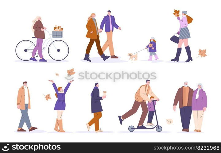 Autumn walking stylish people. Guys in winter and fall clothes, activity lifestyle. Outdoor walk person with bicycle, modern flat cartoon kicky characters autumn stylish people illustration. Autumn walking stylish people. Guys in winter and fall clothes, activity lifestyle. Outdoor walk person with bicycle, modern flat cartoon kicky characters