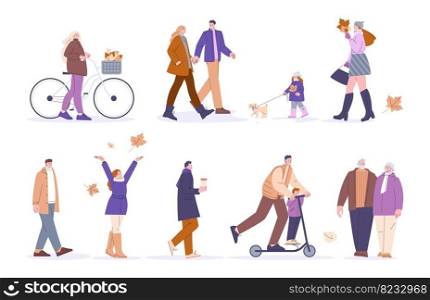 Autumn walking stylish people. Guys in winter and fall clothes, activity lifestyle. Outdoor walk person with bicycle, modern flat cartoon kicky characters autumn stylish people illustration. Autumn walking stylish people. Guys in winter and fall clothes, activity lifestyle. Outdoor walk person with bicycle, modern flat cartoon kicky characters