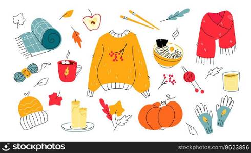 Autumn warm clothes and cozy home objects set on white background. Modern colorful flat style with doodle hand drawn elements. Sweater, scarf, gloves, blanket, hot chocolate, noodle, soup, candles.