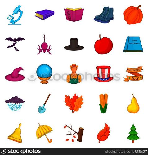 Autumn weahter icons set. Cartoon set of 25 autumn weahter vector icons for web isolated on white background. Autumn weahter icons set, cartoon style