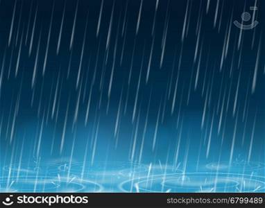 Autumn weather blue nature background. Autumn weather blue nature background with falling rain drops and puddles vector illustration