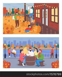 Autumn weekend activity flat color vector illustration set. People drink. Parents with kid decorate yard for Halloween. Friends 2D cartoon characters with urban landscape on background collection. Autumn weekend activity flat color vector illustration set