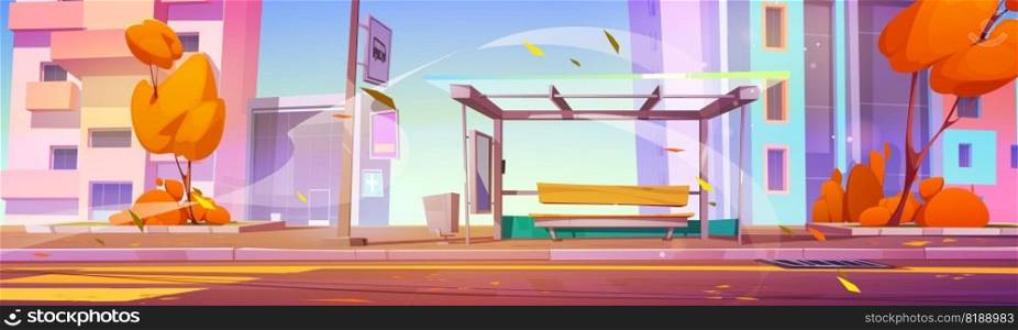 Autumn wind on street bus stop on road vector background. Day light in town cartoon illustration. Empty pavement≠ar transport station with falling≤aves outdoor. Panoramic fall cityscape. Autumn wind on street bus stop on road background