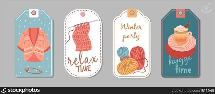 Autumn winter season labels. Knitting hobby, hygge time banners. Wool cardigan, latte or cacao cup vector stickers template. Handmade hobby, winter sewing and needlework template tag illustration. Autumn winter season labels. Knitting hobby, hygge time banners. Wool cardigan, latte or cacao cup vector stickers template