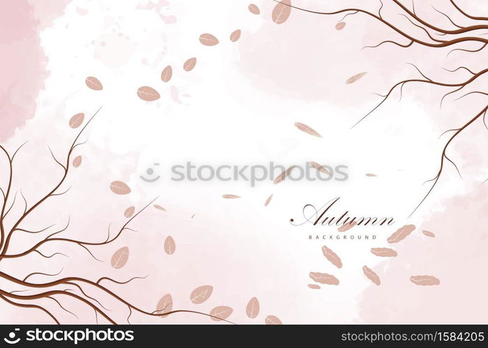 Autumn with dry branches and leaf pink watercolor background.